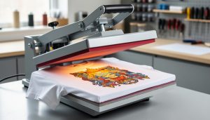 A clamshell heat press pressing a custom transfer onto a white T-shirt in a clean workshop setup.