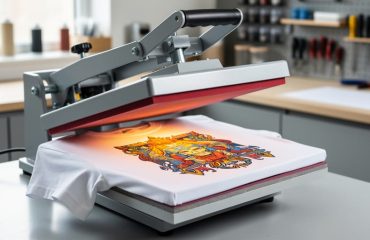 A clamshell heat press pressing a custom transfer onto a white T-shirt in a clean workshop setup.
