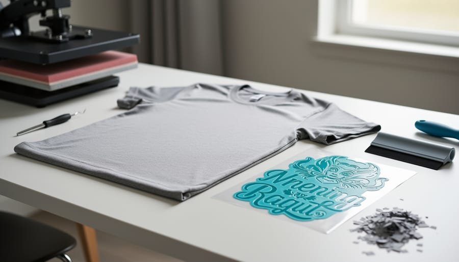 Weeded heat transfer vinyl and protective sheet arranged on a prepared cotton T-shirt for pre-pressing